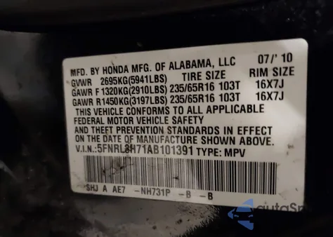 2010 Honda Odyssey Ex-L z USA, uszkodzony, nr VIN 5FNRL3H71AB101391